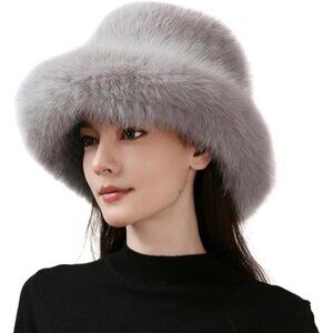 Luxury Faux Fur Bucket Hat for Women Grey
